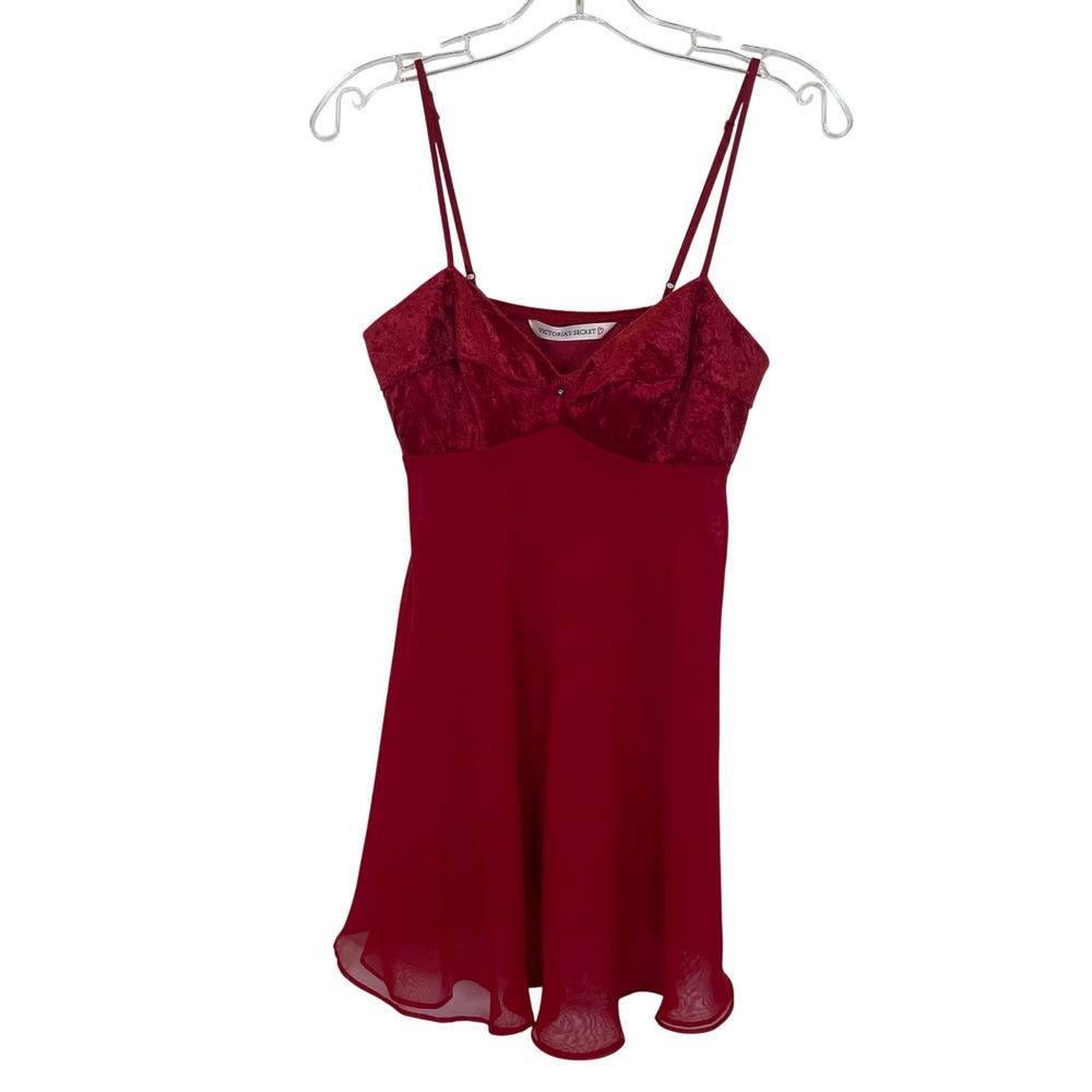 Vintage Y2K 90's Victorias Secret Red Velvet Mesh Chemise‎ Babydoll Bow S